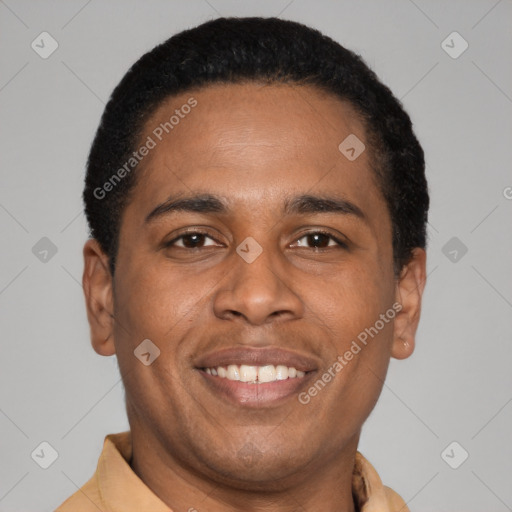 Joyful latino young-adult male with short  brown hair and brown eyes