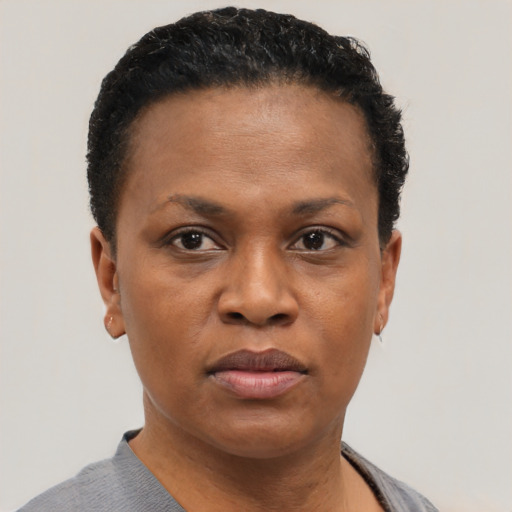 Neutral black young-adult female with short  black hair and brown eyes