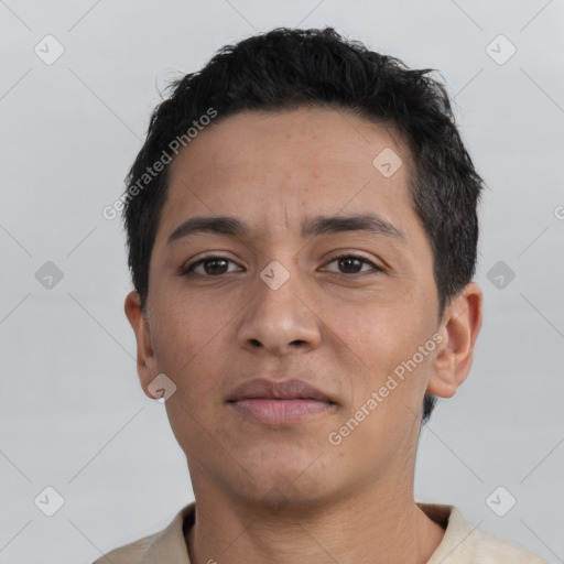 Neutral latino young-adult male with short  black hair and brown eyes