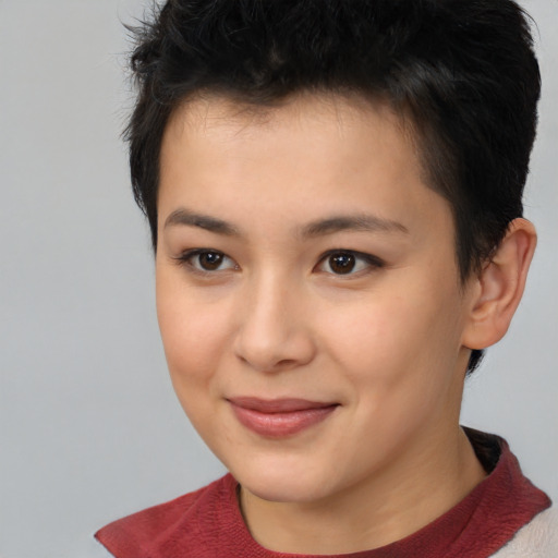Joyful asian young-adult female with short  brown hair and brown eyes