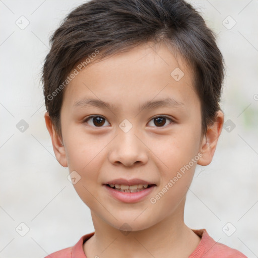 Joyful white child female with short  brown hair and brown eyes