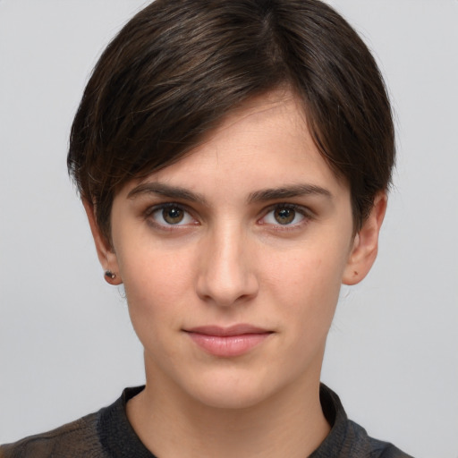 Neutral white young-adult female with short  brown hair and brown eyes