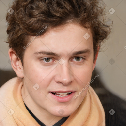 Joyful white young-adult male with medium  brown hair and brown eyes