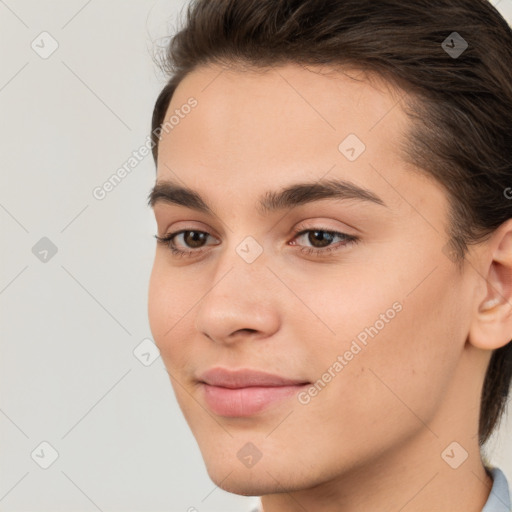 Joyful white young-adult male with medium  brown hair and brown eyes