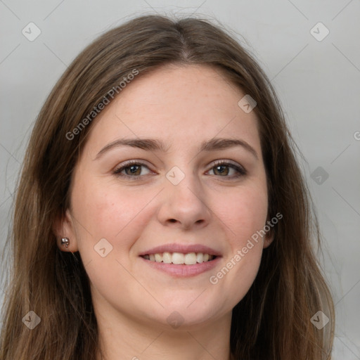 Joyful white young-adult female with long  brown hair and grey eyes