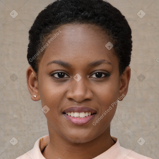 Joyful black young-adult female with short  brown hair and brown eyes