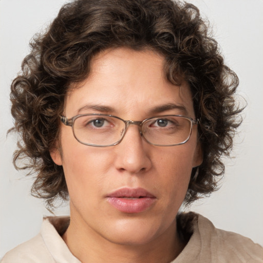 Joyful white adult female with short  brown hair and green eyes