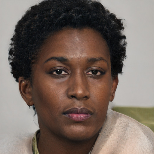 Neutral black young-adult female with short  brown hair and brown eyes