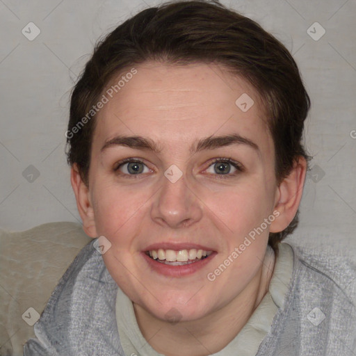 Joyful white young-adult female with medium  brown hair and blue eyes