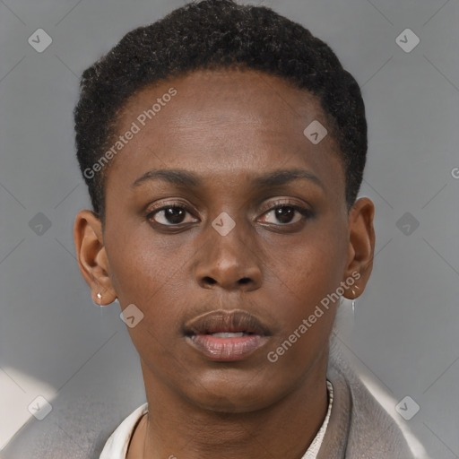 Neutral black young-adult female with short  brown hair and brown eyes