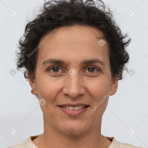 Joyful white adult female with short  brown hair and brown eyes