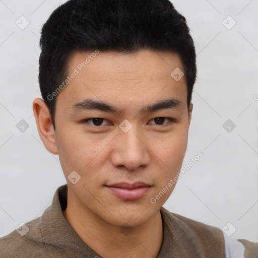 Neutral asian young-adult male with short  black hair and brown eyes