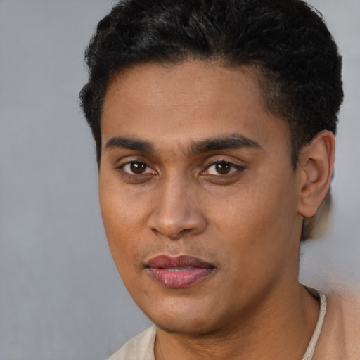 Joyful latino young-adult male with short  brown hair and brown eyes