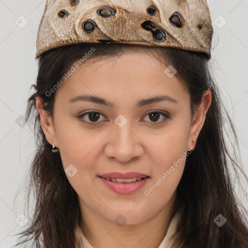 Joyful latino young-adult female with long  brown hair and brown eyes