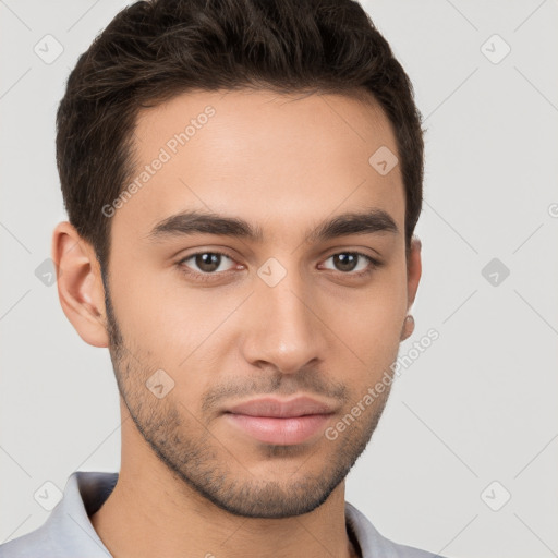 Neutral white young-adult male with short  brown hair and brown eyes