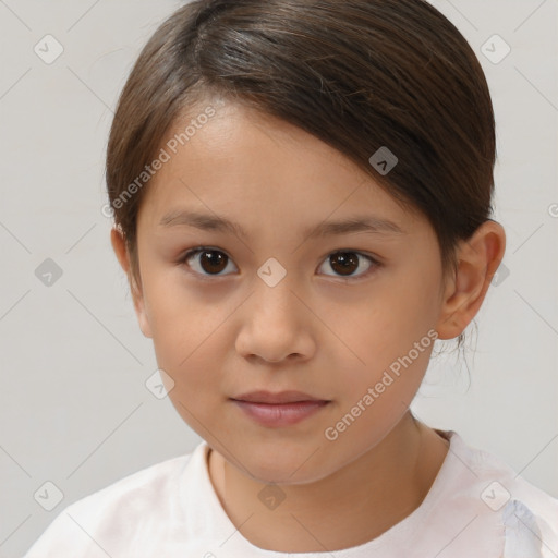 Joyful white child female with medium  brown hair and brown eyes