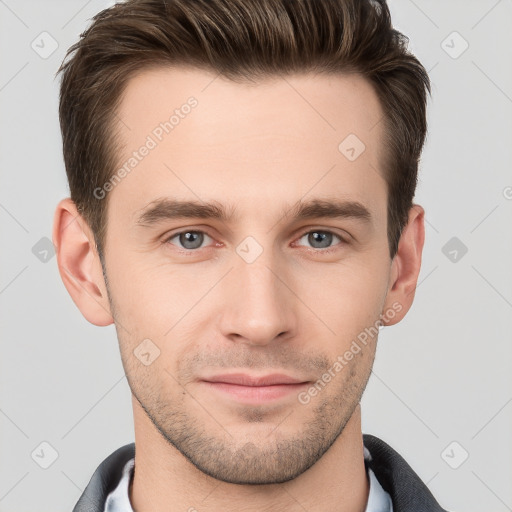 Neutral white young-adult male with short  brown hair and grey eyes