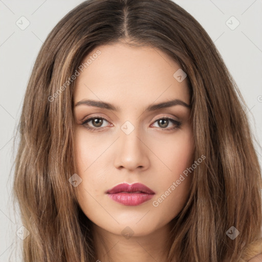 Neutral white young-adult female with long  brown hair and brown eyes