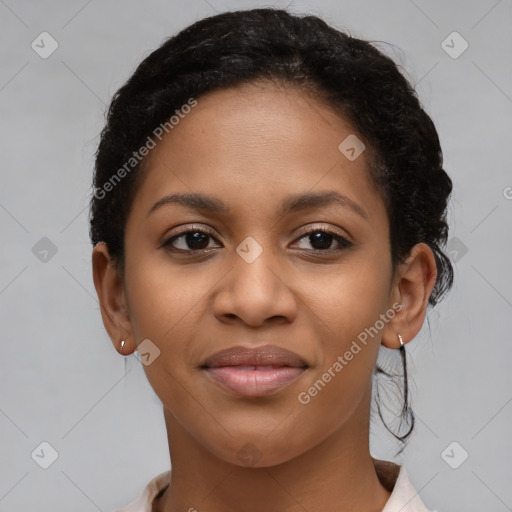 Joyful latino young-adult female with short  brown hair and brown eyes