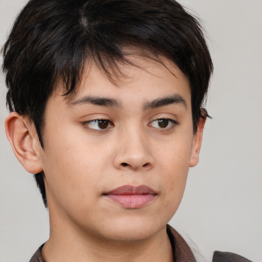 Neutral asian young-adult male with short  brown hair and brown eyes