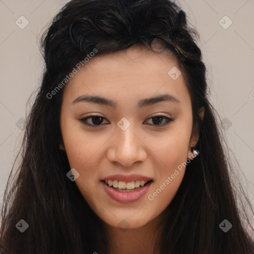 Joyful asian young-adult female with long  brown hair and brown eyes