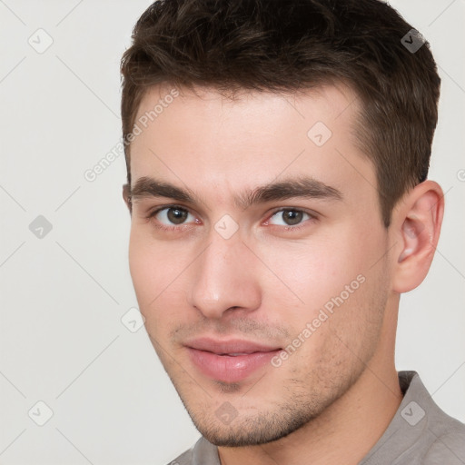 Neutral white young-adult male with short  brown hair and brown eyes