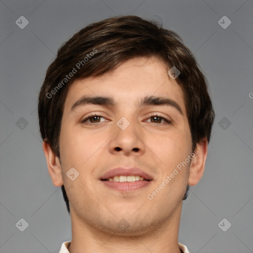 Neutral white young-adult male with short  brown hair and brown eyes