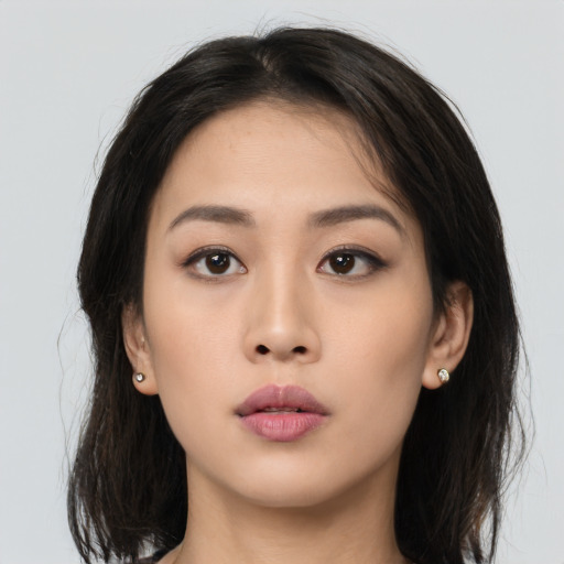 Neutral asian young-adult female with long  brown hair and brown eyes