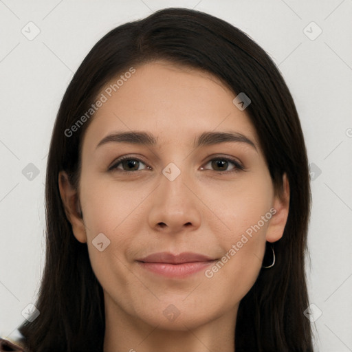 Neutral white young-adult female with long  brown hair and brown eyes