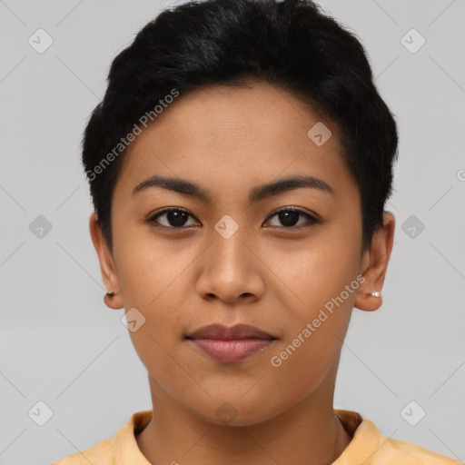 Neutral asian young-adult female with short  black hair and brown eyes