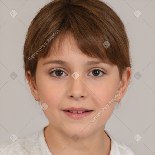 Joyful white child female with medium  brown hair and brown eyes