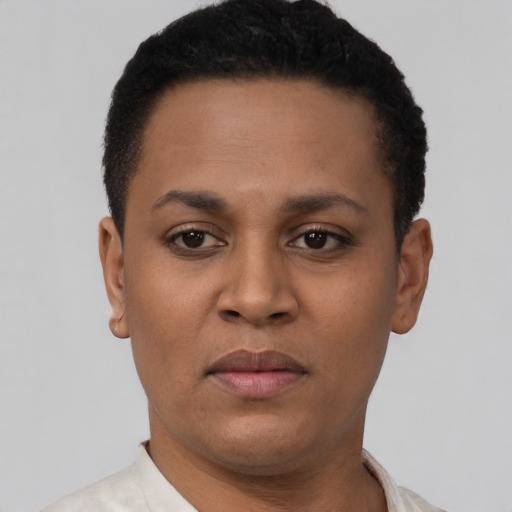 Neutral black young-adult female with short  black hair and brown eyes