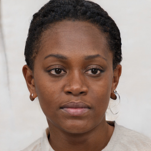 Neutral black young-adult female with short  brown hair and brown eyes