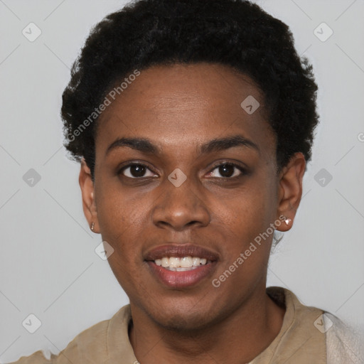 Joyful black young-adult female with short  black hair and brown eyes