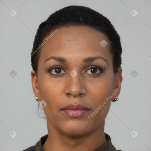 Neutral black young-adult female with short  black hair and brown eyes