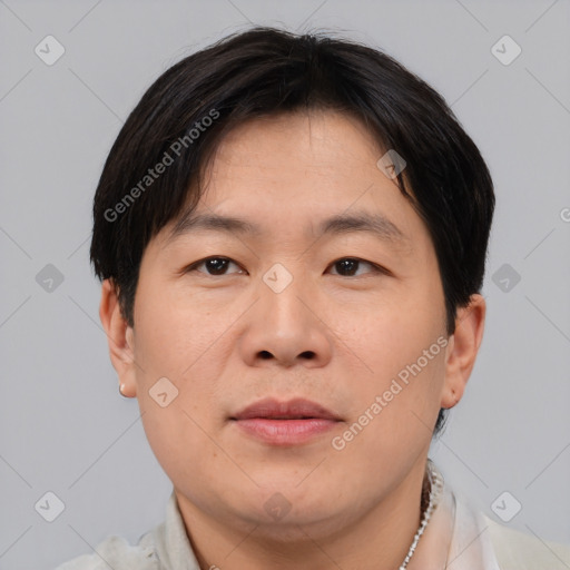 Joyful asian young-adult male with short  brown hair and brown eyes