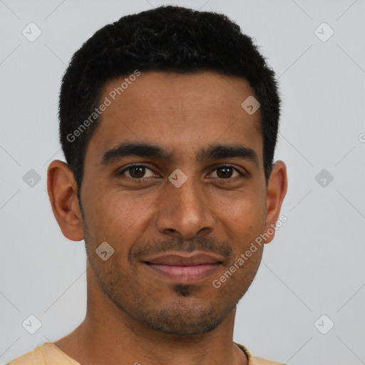 Joyful latino young-adult male with short  black hair and brown eyes