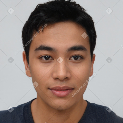 Neutral asian young-adult male with short  black hair and brown eyes