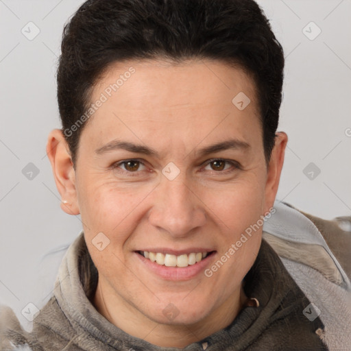 Joyful white adult female with short  brown hair and brown eyes