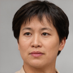 Joyful asian adult female with short  brown hair and brown eyes