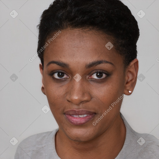 Joyful latino young-adult female with short  black hair and brown eyes