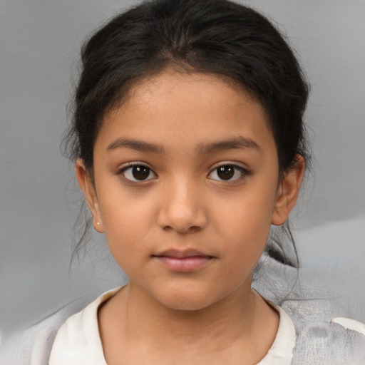 Neutral latino child female with medium  brown hair and brown eyes