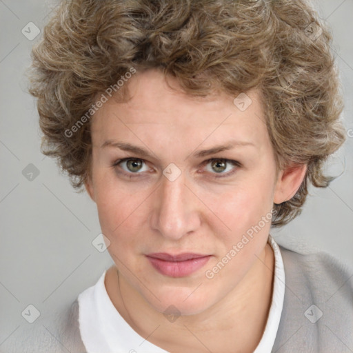 Joyful white adult female with medium  brown hair and blue eyes