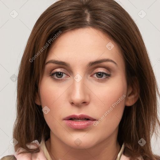 Neutral white young-adult female with medium  brown hair and brown eyes