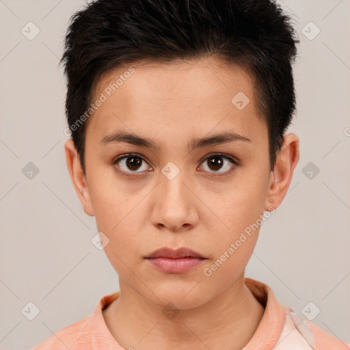 Neutral white young-adult female with short  brown hair and brown eyes