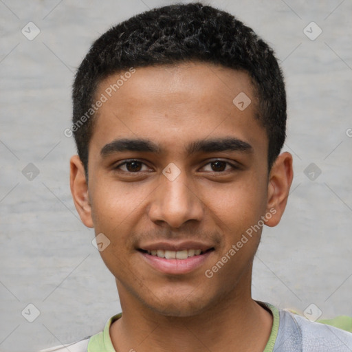 Joyful white young-adult male with short  black hair and brown eyes