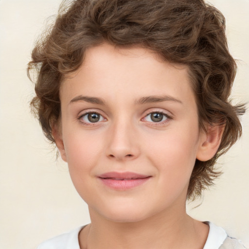 Joyful white child female with medium  brown hair and brown eyes