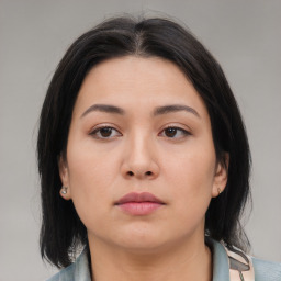 Neutral asian young-adult female with medium  black hair and brown eyes