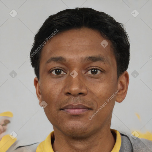 Neutral asian adult male with short  black hair and brown eyes