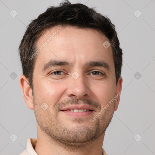 Joyful white young-adult male with short  brown hair and brown eyes